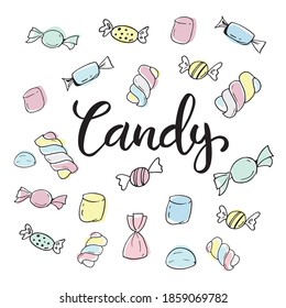Cute candy illustrations. Vector lettering illustration of "Candy". Doodle letters isolated on white background. 