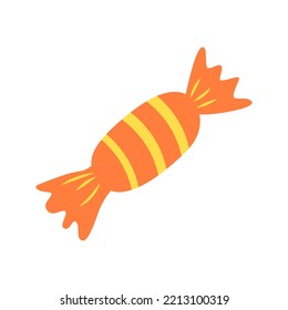 scharfe Süßigkeiten einzeln auf weißem Hintergrund. Orangefarbene Süßigkeiten in gestreifter Verpackung im Cartoon-Stil zu Halloween. Flaches Stilsymbol in hellen Farben für den Allerheiligen Tag. Vektorgrafik