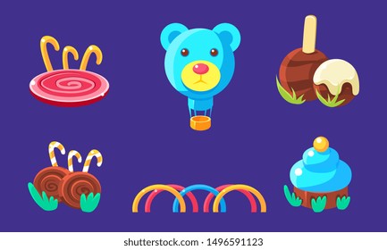 Cute Candy Land Gaming Assets Set, Fairytale Landscape Fantasy Elements for Computer or Mobile Game Interface Vector Illustration