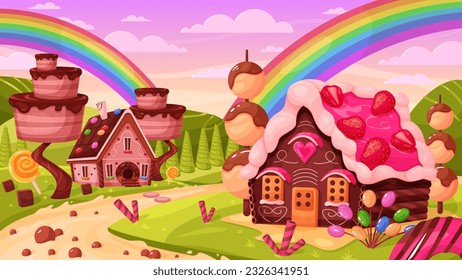 Cute candy land vector illustration. Cartoon fairy tale confectionery background, fantasy candy landscape with rainbow and clouds in sky, sweet chocolate plants and gingerbread houses near milk river