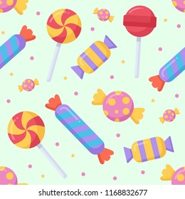 Cute candy and lolipop seamless pattern on a light background. Vector illustration.