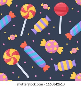 Cute candy and lolipop seamless pattern on a dark background. Vector illustration.