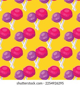 Un dulce dulce y lolipop sin costuras sobre fondo amarillo. Ilustración vectorial.
