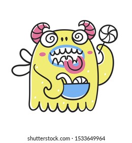 Cute candy monster with horns and wings waves its hand. Сartoon character isolated on white background. Childish vector illustration in doodle style.