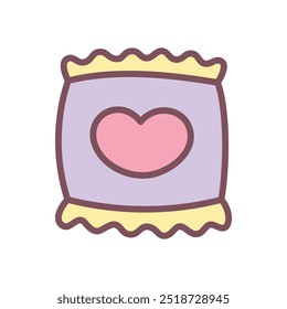 Cute candy pack icon. Hand drawn illustration of a heart jelly candies package isolated on a white background. Kawaii St. Valentine day sticker. Vector 10 EPS.