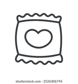 Cute candy pack icon. Hand drawn monochrome illustration of a heart jelly candies package isolated on a white background. Vector 10 EPS.