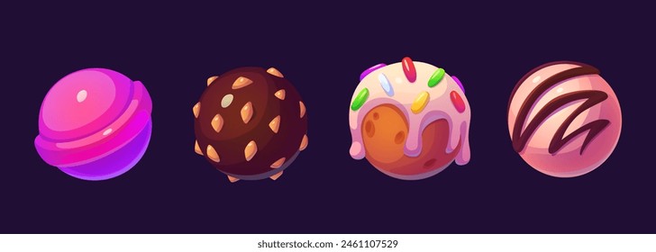 Cute candy planet for fantasy game ui universe design. Cartoon vector illustration set of funny sweet dessert confectionery balls made of lollipop, ice cream, chocolate with nut chips, cake with icing