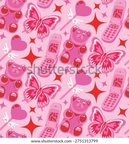 Cute Candy Seamless Pattern with Butterflies, Hearts and Flip Phones