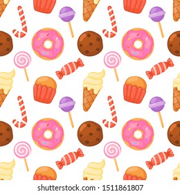 cute candy seamless pattern. sweets desserts isolated on white background for cafe or restaurant. illustration. vector.