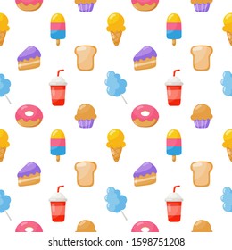 cute candy seamless pattern. sweets desserts isolated on white background for cafe or restaurant. illustration. vector.