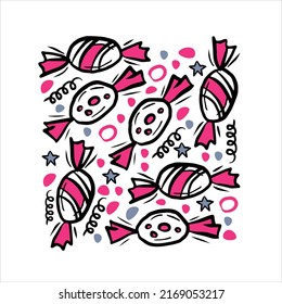 Cute candy square card. Colorful festive hand drawn vector illustration with sweets and doodle elemens. Funny greeting card, package, banner, poster, advertising, cosmetic, market, shop, t shirt print