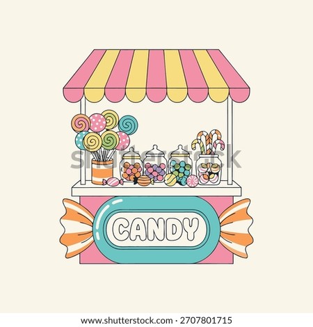 A cute candy stall filled with jars of sweets and lollipops, perfect for a sweet treat illustration.