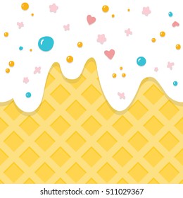 Cute candy texture. Milky ice cream cone with vanilla flavor ice cram and colorful sprinkles on top. 
Big copy space.