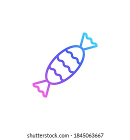 Cute candy vector icon in bright color gradient. Outlined caramel candy in a wrapper isolated on white background. Sweetie in minimalist line art in blue, violet and pink.