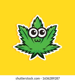 Cute Cannabis Leaf On Yellow Background. Cartoon Style. Medical Cbd Oil And Hemp Ointment Sticker. Vector Illustration.