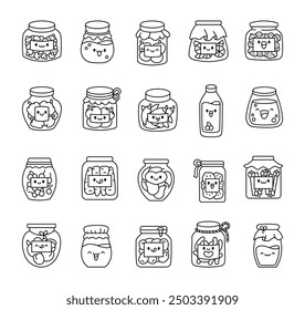 Cute canned pickled vegetables and fruit jam. Coloring Page. Funny cartoon jars. Hand drawn style. Vector drawing. Collection of design elements.