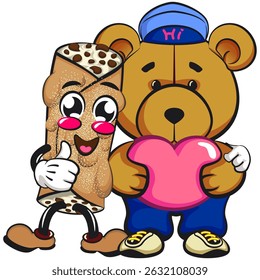 cute cannoli vektor illustration mascot character thumbs up with a bear doll holding a pink heart, work of hand drawn