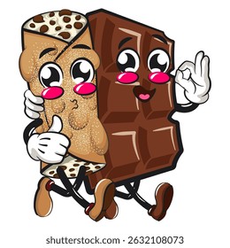 cute cannoli vektor illustration mascot character walk with a chocolate bar character while giving thumbs up, work of hand drawn