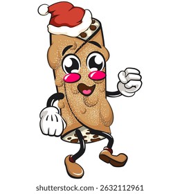 cute cannoli vektor illustration mascot character walking while wearing a santa hat, work of hand drawn