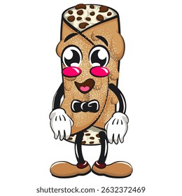 cute cannoli vektor illustration mascot character wearing a bow tie and feeling coo, work of hand drawn
