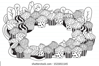 Cute cap cake,Set of funny cute cake and  bakery for children coloring books.Hand drawn line art cartoon vector illustration