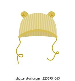 Cute cap with ears and strings for baby isolated on white background. Clothes for newborn boy and girl cartoon illustration. Babys apparel concept