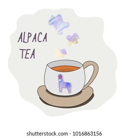 Cute cap of tea with Lama, Alpaca. Hand drawn vector illustration. For  cards, notes, stickers, labels, tags 