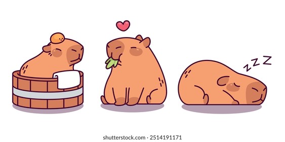 Personagem capibara bonito em poses diferentes. Ilustração vetorial de desenhos animados conjunto de animais peludos marrom engraçados banhando-se em tubo de madeira, comendo verde e adorando-o, deitado e dormindo. Capivara infantil.