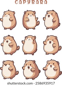 Cute capibara character in different poses. Cartoon vector illustration set of funny brown furry animal