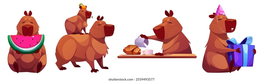 Cute capibara character set. Funny capybara enjoying watermelon slice, baby on parent back, having breakfast with croissant, celebrating birthday with present. Brown fluffy animal with joyful emotions