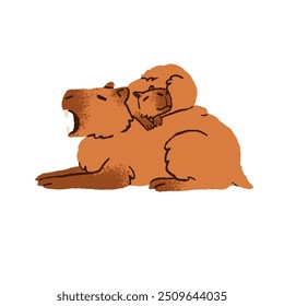 Família capibara bonito dorme juntos. Bebê de capivara cochila em sua mãe. Divertido bocejo de roedores, relaxa. Animais sonolentos descansam. Ilustração de vetor desenhada à mão isolada plana sobre fundo branco