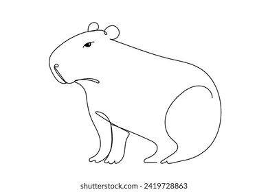 Cute Capibara Line Art Drawn Portrait. Funny Adorable Small Capybara Animal Continuous Editable Line Curve Illustration Isolated On White Background. Capybara Animal Symbol Contour For Veterinary Card