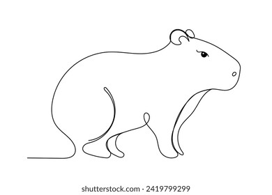 Cute Capibara Line Art Drawn Portrait. Funny Adorable Small Capybara Animal Continuous Editable Line Curve Illustration Isolated On White Background. Capybara Animal Symbol Contour For Veterinary Card