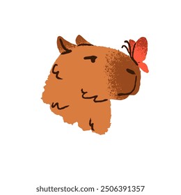 Cute capibara. Lovely butterfly sits on funny muzzle of capybara side view. Head of amusing rodent. Adorable animal looks at insect. Flat isolated hand drawn vector illustration on white background