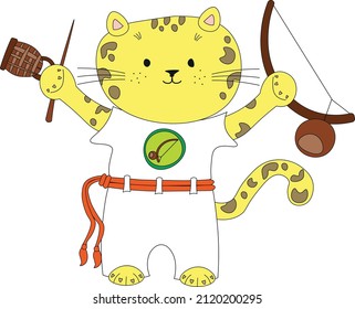 Cute capoeira animal big cat vector clipart with berimbau for kids. Template for birthday card, shirt design, poster, class banner.