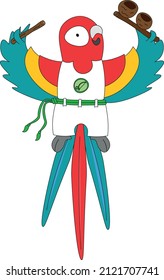 Cute capoeira animal, parrot papagaio plays on agogo, capoeira music. Vector illustration for kids, para crianças for poster, classes, banners, cloths, shirts, templates web design.