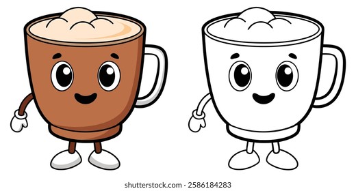 Cute Cappuccino Coffee Cartoon Character Coloring Book For Kids Printable Vector