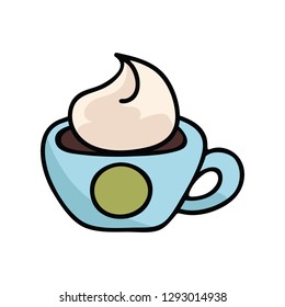 Cute cappuccino cup cartoon vector illustration motif set. Hand drawn coffee elements clipart for kitchen blog, food graphic, cafe restaurant web buttons.