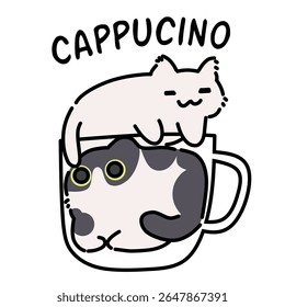 Cute cappucino coffee cat illustration. Simple cat coffee style cartoon 