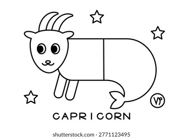 Cute Capricorn vector illustration. Capricorn with the upper body of a goat and the lower body of a fish. Black and white design. White background.
