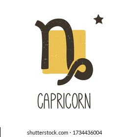 Cute capricorn zodiac sign. Two-color caption astrology symbol on a transparent background. Vector shabby hand drawn illustration