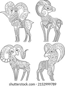 Cute capricorns. Doodle style, black and white background. Funny animal, coloring book pages. Hand drawn illustration in zentangle style for children and adults, tattoo.