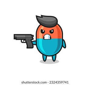 la tira del personaje de la cápsula adorable con un arma, diseño de estilo lindo para camiseta, pegatina, elemento logo