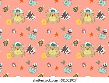 cute captain bear and friend seamless pattern.Christmas concept