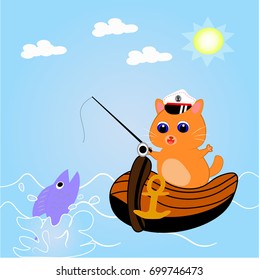 cute captain cat fishing. vector cartoon illustration