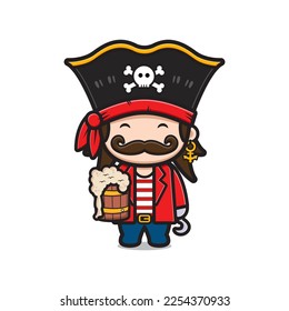 Cute captain pirates holding beer cartoon icon illustration. Design isolated flat cartoon style
