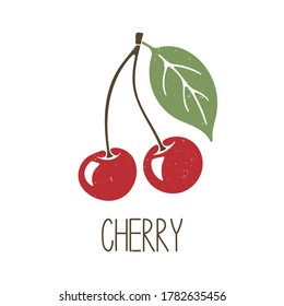 Cute caption cherries on a branch with a leaf isolated on transparent background. Colorful pictogram original design. Vector shabby hand drawn illustration