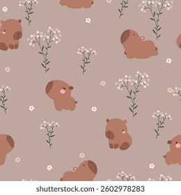 Cute capybabra and white flowers , seamless pattern. Vector illustration.