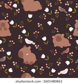 Cute capybabras, birds and flower on black background. Seamless pattern with hand drawn animals and flowers.