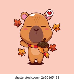 Cute capybara with acorns at autumn season in autumn day cartoon vector illustration